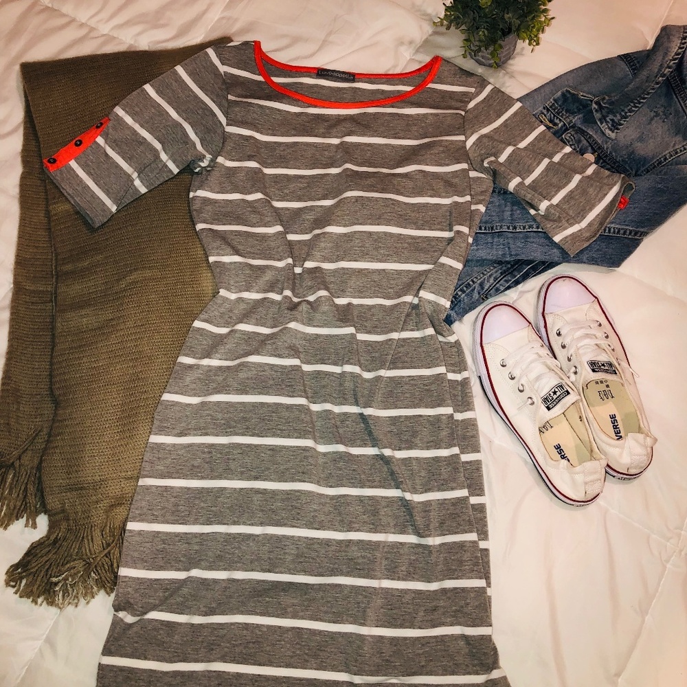 Loveappella 3-Quarter Sleeve Striped Dress